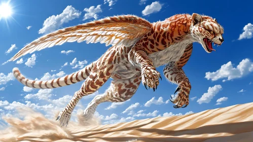Fantastic Winged Cat over Sand Landscape