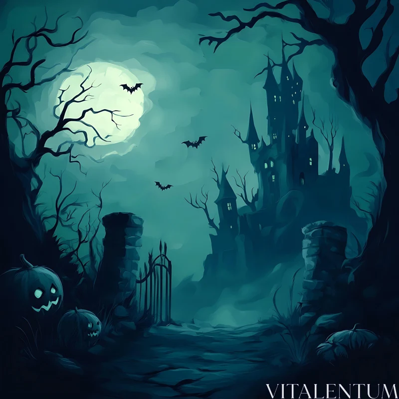 Spooky Castle with Bats and Pumpkins