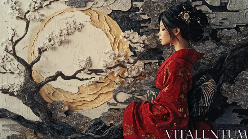 Traditional Japanese Art with Red Kimono and Moon