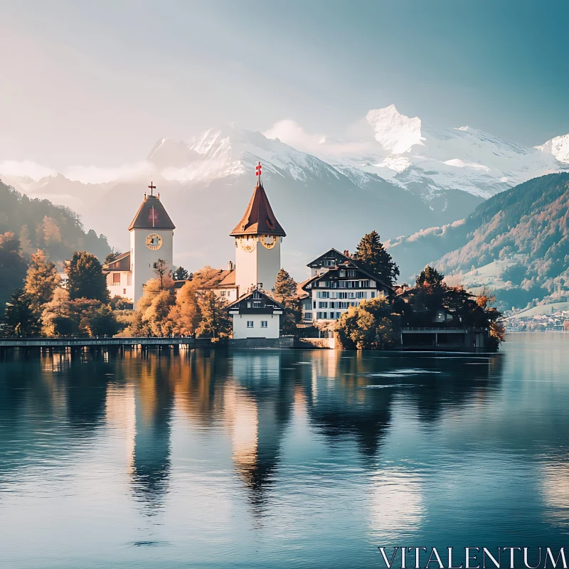 AI ART Idyllic Swiss Lake and Mountain Landscape