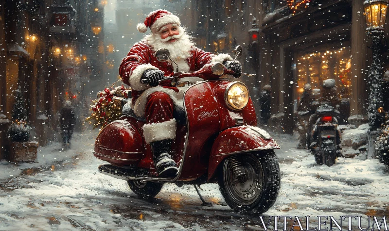 Festive Santa on a Snowy Scooter Ride AI Image