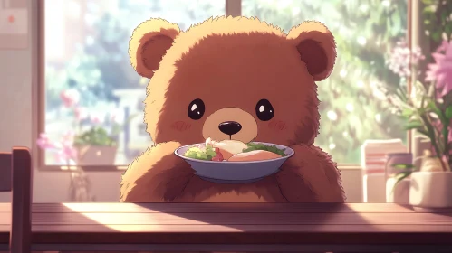Adorable Bear with Food in Sunlit Kitchen