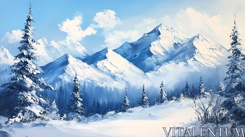 Snowy Mountain Vista with Evergreen Trees
