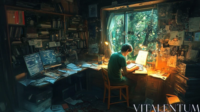 Man Working at Desk in Book-Filled Room