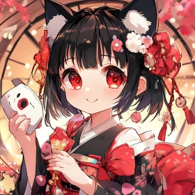 Cute Anime Girl in Floral Kimono