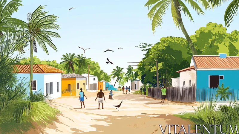 Colorful Houses and Palm Trees in Village