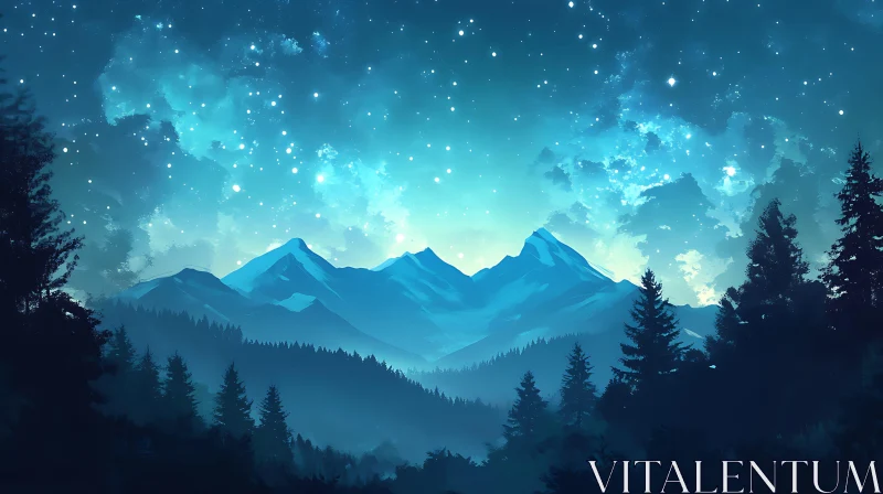 Tranquil Mountain Landscape at Night AI Image