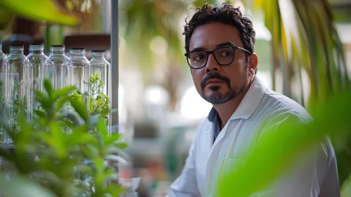 Man in Lab Coat Surrounded by Plants