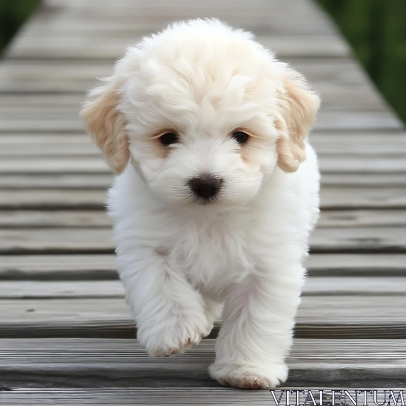 Cute Puppy Strolling on a Wooden Walkway