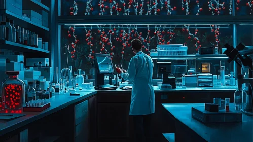 Blue Laboratory with Scientist and Red Accents