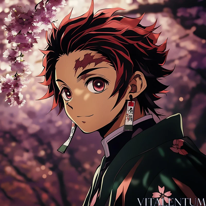Anime Character with Red Hair Against Cherry Blossoms
