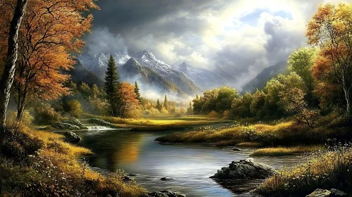 Peaceful Autumn River and Mountain View