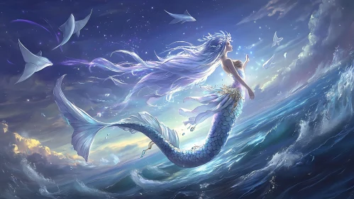 Mystical Mermaid in a Celestial Seascape