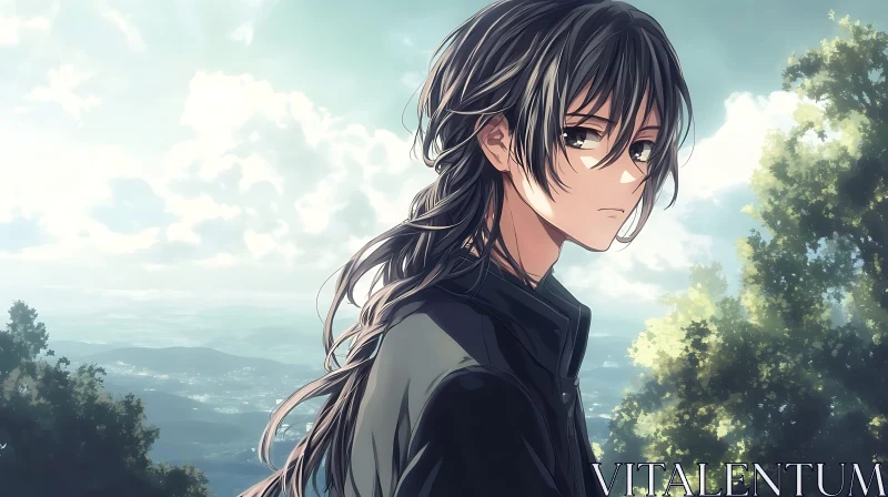 Thoughtful Anime Figure with Scenic Landscape