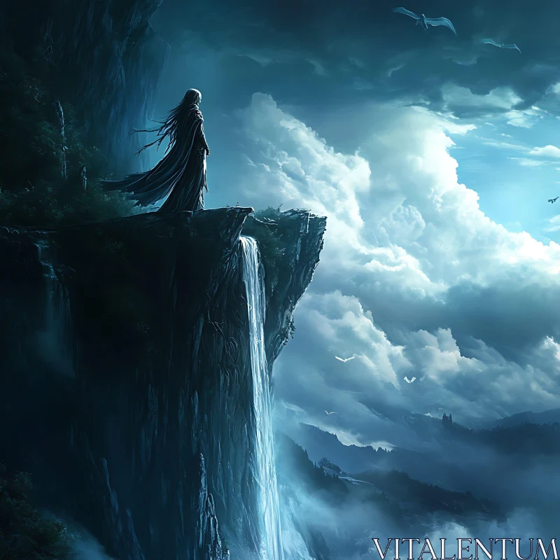 Woman on Cliff Edge with Waterfall