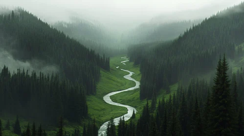 Misty Forest Valley with Serene River