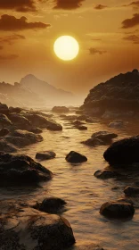 Serene Sunset Over Rocky Ocean Landscape