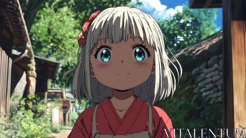 Anime Girl with Blonde Hair and Red Kimono