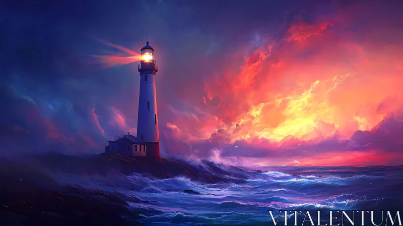 Seascape with Lighthouse and Fiery Sunset