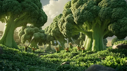 Whimsical Broccoli Trees and Fork Warriors