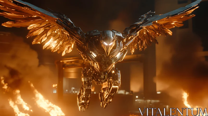 Futuristic Robotic Bird in Fiery Landscape