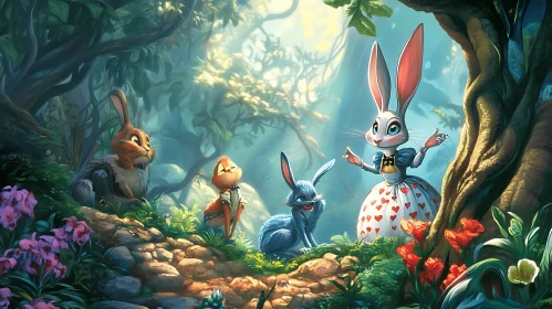 Whimsical Bunnies in Forest Illustration