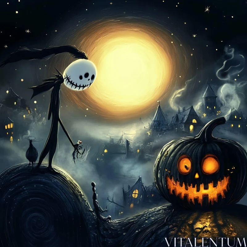 Moonlit Halloween Pumpkin and Skeleton
