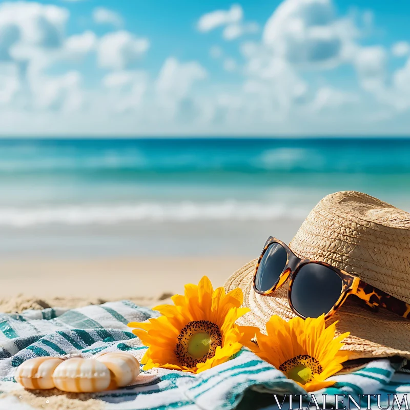 Summer Beach Still Life with Hat and Flowers