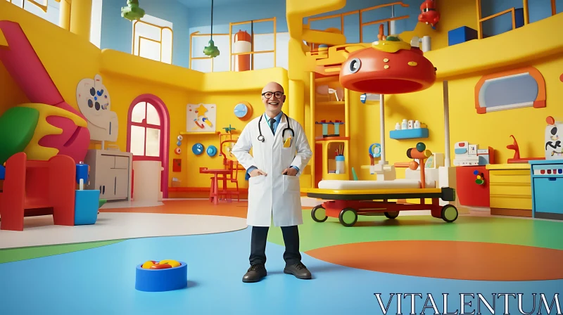 Happy Doctor in a Cartoon Hospital Room