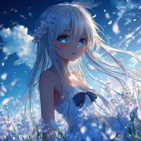 Anime Girl with Blonde Hair in Flower Field