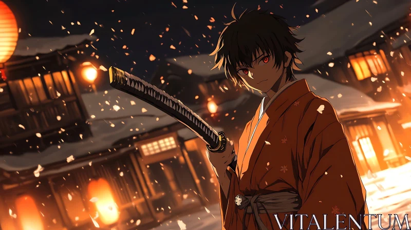 Traditional Samurai in Lantern-lit Snowfall
