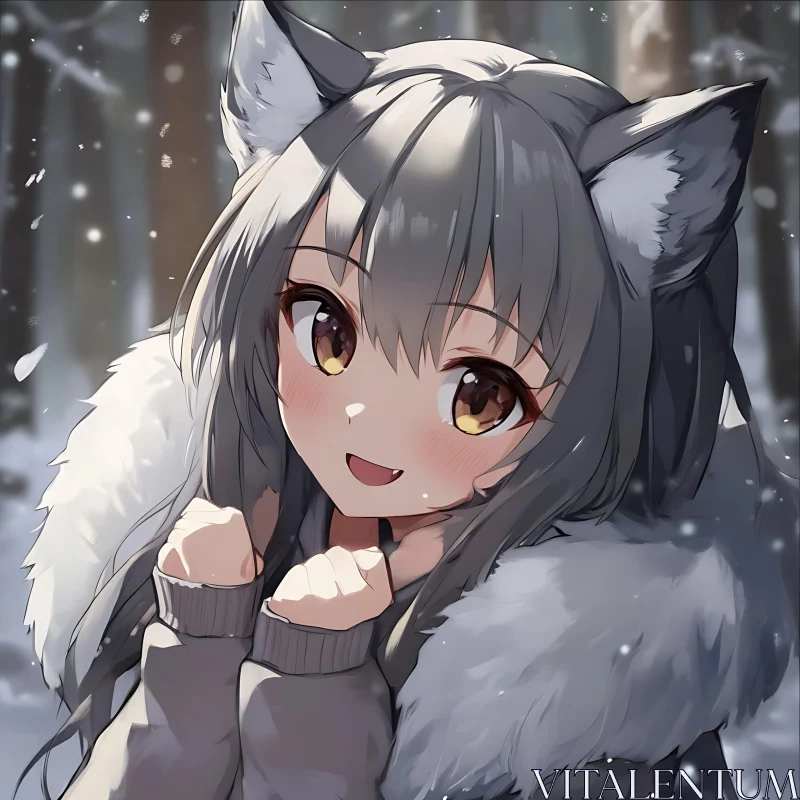 Adorable Anime Girl in Winter with Fox Ears