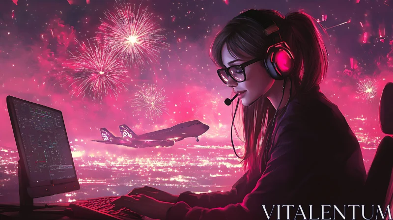 Girl Gamer with Fireworks Display