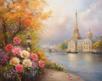 Parisian River Scene with Eiffel Tower