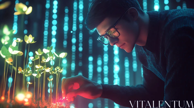 Man and Glowing Plants in VR World AI Image