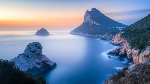Peaceful Sunset Over Coastal Mountains and Sea