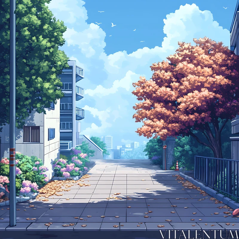 Quiet City Street with Trees and Flowers