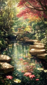 Tranquil Garden Pond with Sunlit Stepping Stones