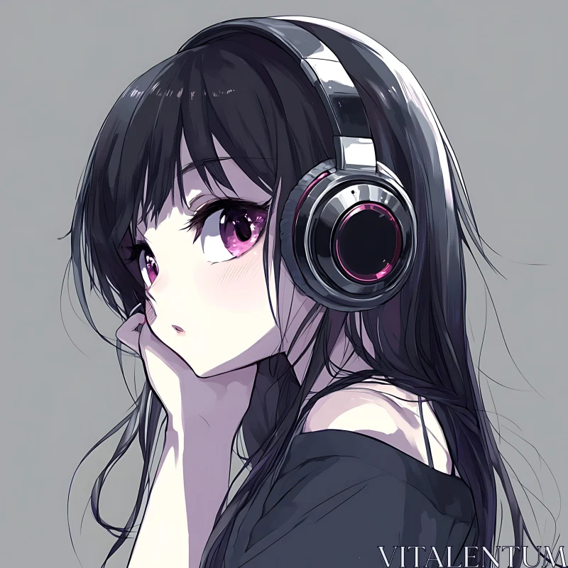 Thoughtful Anime Girl Listening to Music