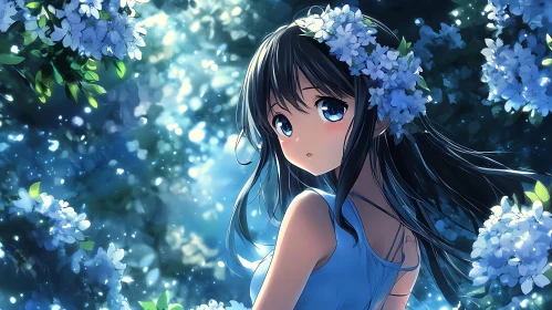 Enchanting Anime Character with Floral Crown in Luminous Forest