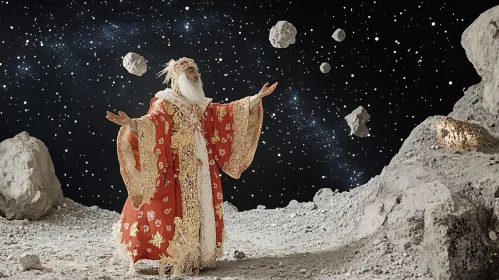 Figure in Ornate Robes on Distant Planet