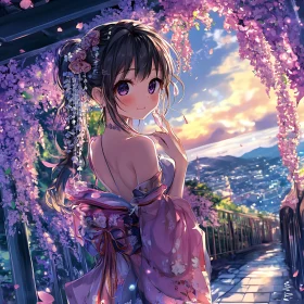 Anime Girl Amidst Wisteria and Scenic Sunset