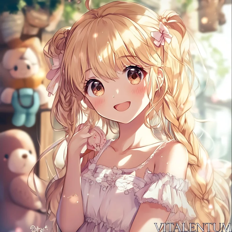 Charming Anime Girl with Ribbons and Teddy Bears