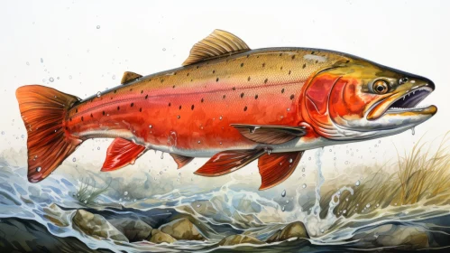 Bronze Trout Jumping in Crimson Waters: A Wilderness Depiction