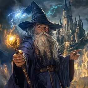 Mystical Wizard with Magic Staff Illustration