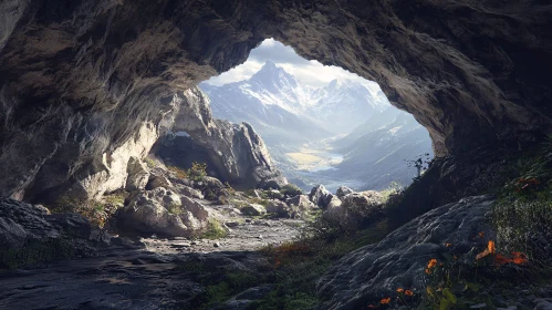 Scenic Cave Opening Overlooking a Majestic Valley and Mountains