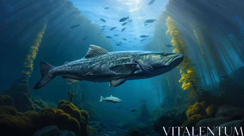 California Kingfish in Majestic Underwater Landscape AI Image