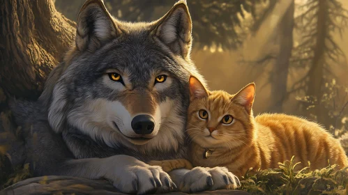 Wolf and Cat Together in Harmony