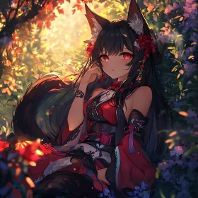 Magical Fox-Eared Anime Character in Lush Forest
