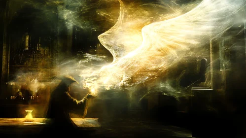 Ethereal Bird Spellcasting in Dark Chamber
